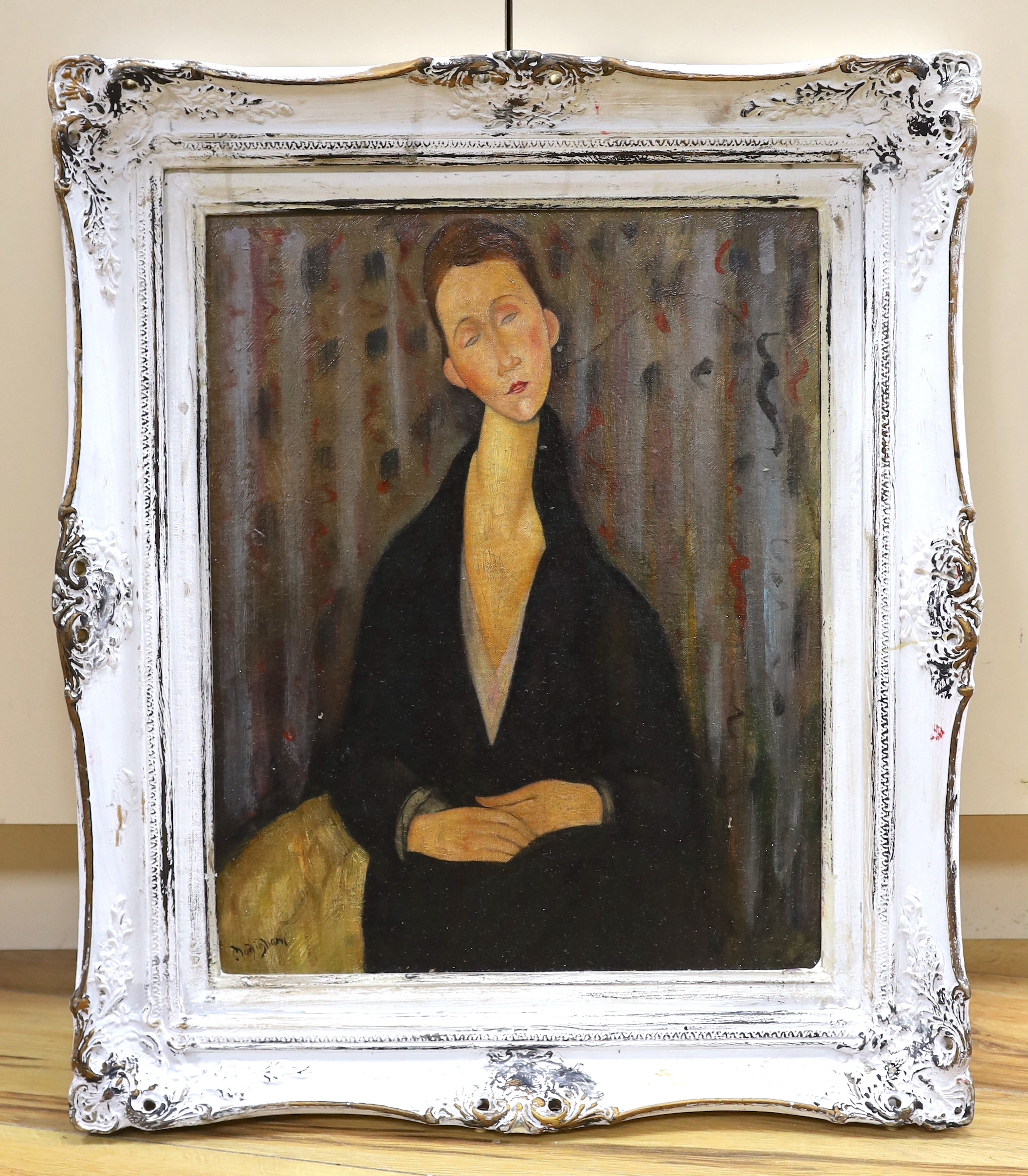 After Amedeo Modigliani (Italian, 1884-1920), oil on board, Portrait of a lady, 49 x 39cm